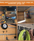 12 Pack 4 Inch E Track J Hooks Built Tough Heavy Duty Steel For Enclosed Trailers And Vehicles E Track Rail Hooks installed in trailers for hanging tools and hoses.