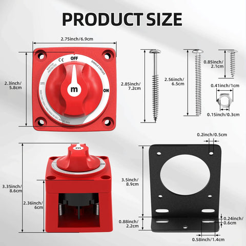 Beefed Up Battery Switch With Heavy Duty Aluminum Bracket For Boats And RVs, 12V-48V 300A Waterproof Battery Disconnect dimensions