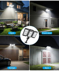 Ultra Bright Solar Flood Lights Outdoor With 7000 Lumens, 3 Adjustable Heads, illuminating yard, front door, garage, and barn.