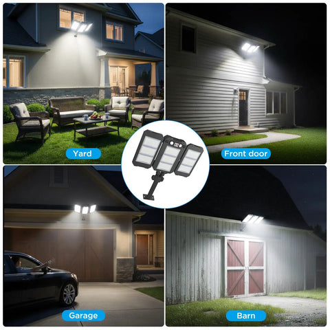 Ultra Bright Solar Flood Lights Outdoor With 7000 Lumens, 3 Adjustable Heads, illuminating yard, front door, garage, and barn.