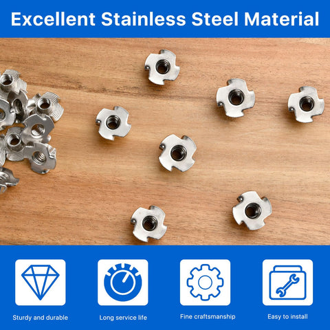 100 Pack One Quarter Twenty T Nuts Stainless Steel 304 Four Prong Tee Nuts For Woodworking Cabinets Furniture And Rock Climbing Holds Durable Threaded Inserts For Strong Secure Joints