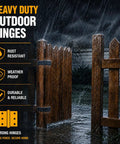 Tough As Nails Steel Gate Hinges For Outdoor Wood Fences With Dead Simple Mount Bracket And Hella Smooth Black Finish 270 Degree Swing Built For Your Backyard Upgrade Project in rainy weather on a wooden gate.