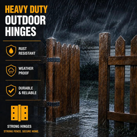 Tough As Nails Steel Gate Hinges For Outdoor Wood Fences With Dead Simple Mount Bracket And Hella Smooth Black Finish 270 Degree Swing Built For Your Backyard Upgrade Project in rainy weather on a wooden gate.