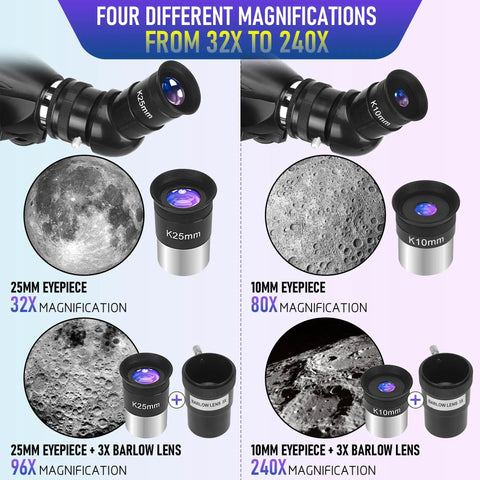 Awesome High Powered 90mm Aperture Refractor Telescope showing eyepieces for 32x to 240x magnification with moon images