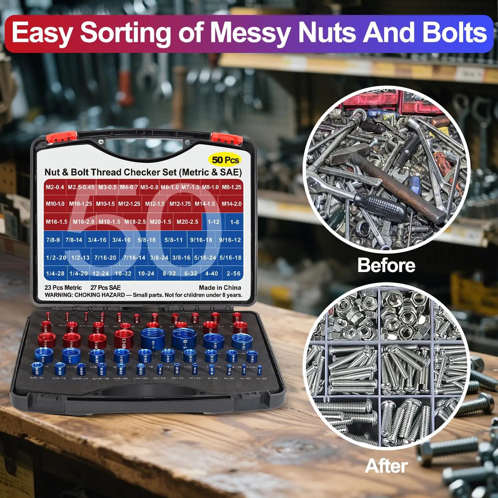 50 Piece Thread Checker Kit For Nuts & Bolts