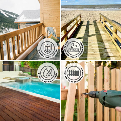 Marine Grade 316 Stainless Steel Wood Screws Size 10 x 2-1/2 Inch Flat Head Square Drive Self Tapping Rust Resistant For Outdoor Deck And Dock Projects 50 Pack used in various outdoor projects including decks, docks, and fences.