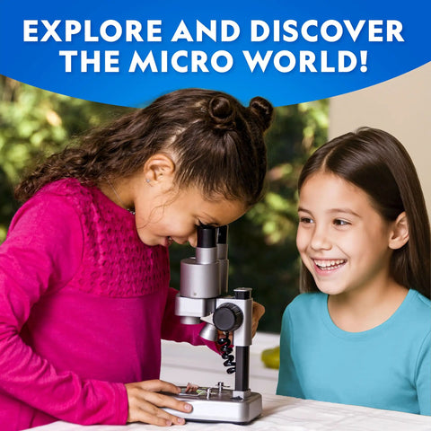 Children using Dual LED Kids Microscope Set With 50 Plus Piece Science Kit, 10 Prepared Slides And 10 DIY Blank Slides For Biology Experiments, Educational STEM Toy For Ages 8 12, Amazon Exclusive