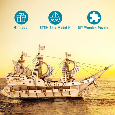 3D Wooden Sailboat Puzzle Kit For Adults, Vintage Watercraft Model To Build displayed against sunset background