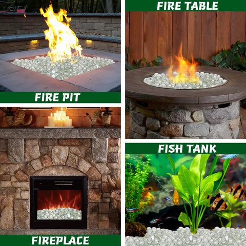 10 Pound Fire Pit Glass Beads Three Quarter Inch Crystal Luster For Fire Pit Tables Fireplaces And Outdoor Fire Bowls shown in use