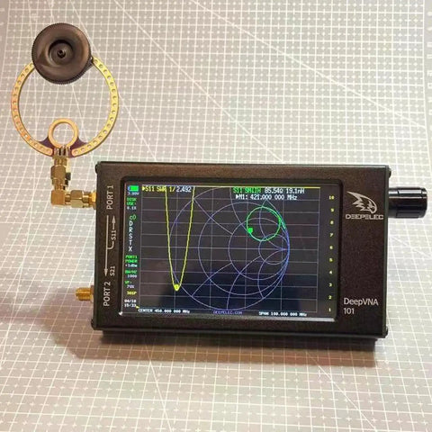 Rad 2 Pack Donut VHF UHF FM Mini Loop Antenna connected to DeepVNA device displaying frequency graph.