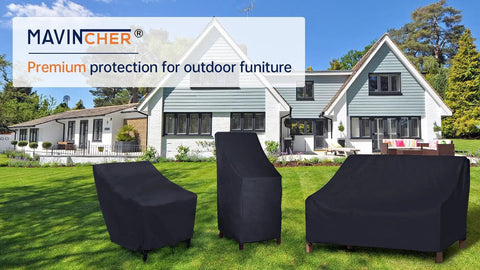 600D Heavy Duty Waterproof Stackable Patio Chair Covers For 4 To 6 High Back Chairs in outdoor setting with house backdrop.