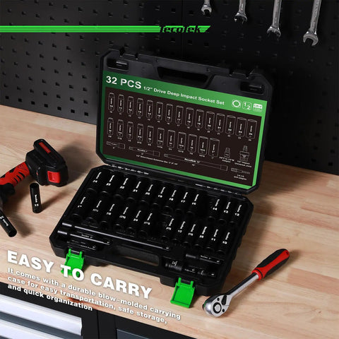Heavy Duty One Half Inch Drive Deep 12 Point Impact Socket Set, 32 Piece SAE And Metric Kit open on a workbench with tools