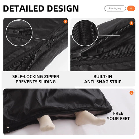 Detailed design of Oversized Double Sleeping Bag For Two Adults Queen Size With Two Pillows Built For Camping, zipper view.