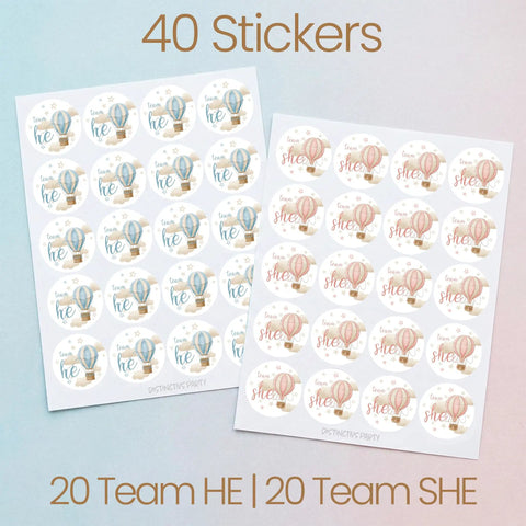 40 Count Pink and Blue Hot Air Balloon Gender Reveal Stickers for Team He and Team She, 1.75 Inch Round Labels on blue background