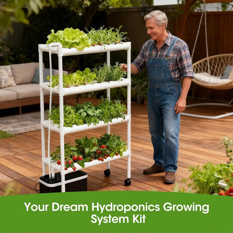 Space Saving Vertical Garden Tower With Wheels, 108 Plant Sites Aquaponics Kit For Indoor Outdoor Growing, 4 Tier PVC U Pipes