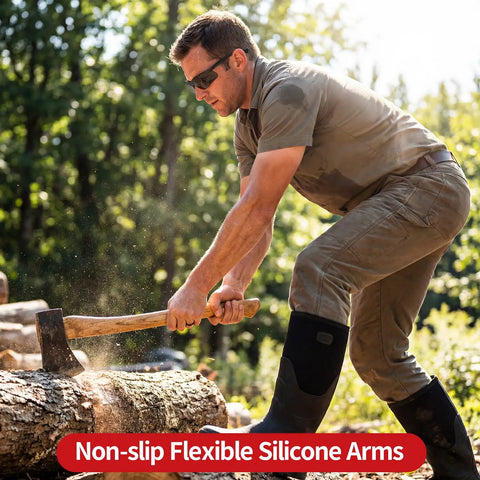Man chopping wood wearing Bulk Pack of 50 Clear Safety Glasses ANSI Z87.1 Eye Protection For Construction And Lab With Scratch Resistant Lenses