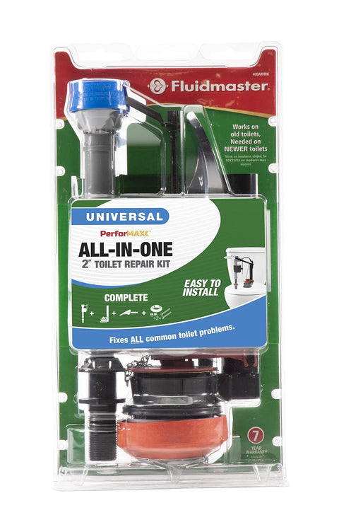 PerforMAX Universal Toilet Repair Kit For 2-Inch Flush Valves in packaging, highlighting all-in-one components and easy install feature