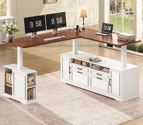 L Shaped Electric Standing Desk With Four Wood Drawers Farmhouse Executive Workstation Height Adjustable Sit Stand Table Home Office Gaming Setup Big Boy Workspace Smooth Motor Rock Solid Build featuring dual monitors and storage.