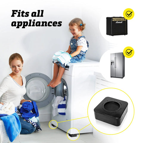 4 Pack Anti Vibration Pads For Washer And Dryer, Stop The Wobble And Loud Rumbles illustrated in a laundry room scene