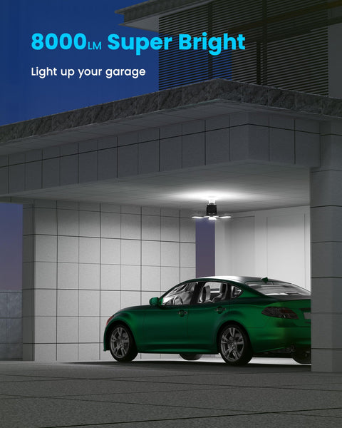 Motion Sensor Garage Light 80W 8000LM Deformable LED Shop Light illuminating a garage with parked green car