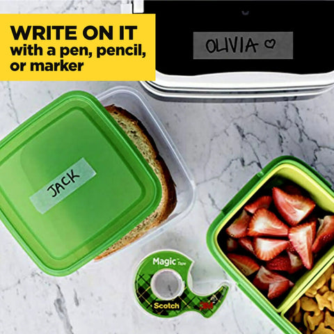 Three Roll Dispenser Pack Invisible Clear Tape on food containers with labels, perfect for quick repairs and school crafts.