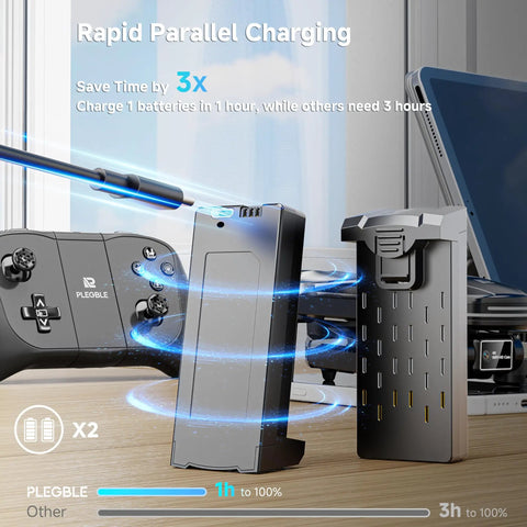 Rapid charging feature of 4K HD Camera Drone With Brushless Motors next to spare battery and controller on table.