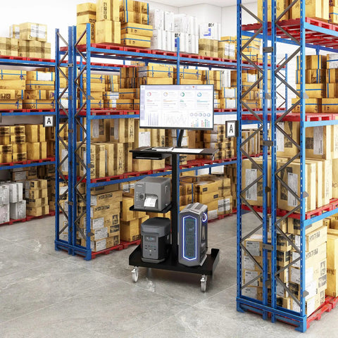 Heavy Lifter Mobile Workstation Cart With No Sweat Rolling Casters And Fully Adjustable Gas Spring Monitor Stand Plus Secure CPU Tray For Seamless Standing Desk Transitions In Matte Black in a warehouse with boxes.