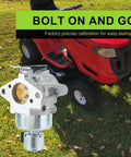 SV600 20 HP Carburetor Replacement Kit shown in front of red lawn tractor on grass.