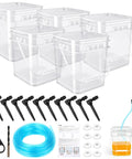 Ultimate Maple Syrup Tapping Kit includes five clear buckets, ten solid spigots, and blue tubing for efficient sap collection.