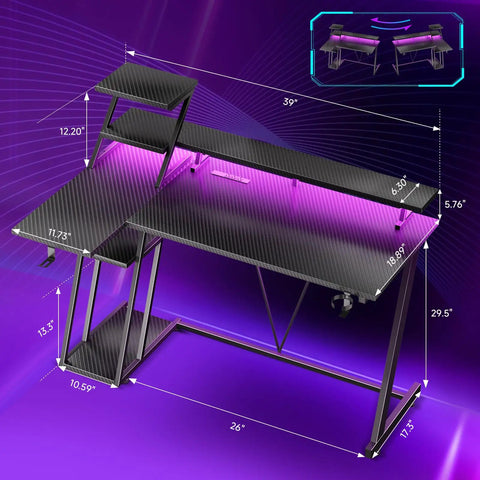40 Inch Gaming Desk With LED Lights And Built In Power Outlets, L Shaped Corner Desk With Storage Shelves, Carbon Fiber Black