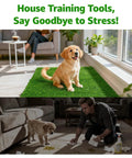 All Weather Artificial Turf For Dogs And Indoor Potty Training Replacement Grass Rug For Patio Balcony Lawn Weatherproof Dog Pad With Drainage Holes Easy To Clean 18x28 Inch Multiuse Indoor Outdoor Mat with dog sitting on artificial grass indoors