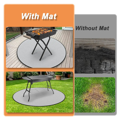 24 Inch Round Fire Pit Mat Four Layer Fireproof Shield For Outdoor Grills And Decks Waterproof Heat Resistant Protector showing use.