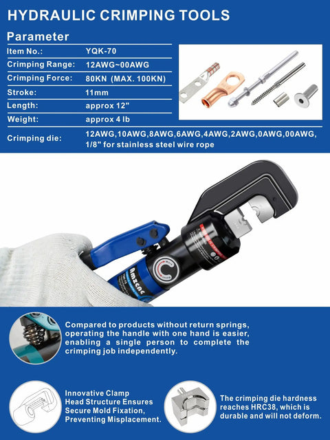 Heavy Duty Hydraulic Crimping Tool And Cable Cutter Set 10 Ton Power Crimper With 12 AWG To 2/0 AWG Range In Use