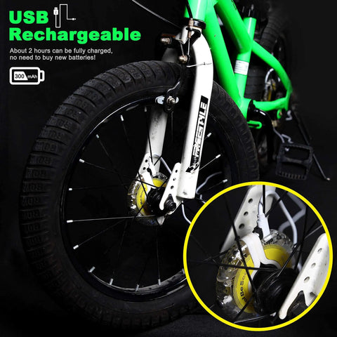 Close-up of Rechargeable Bike Wheel Lights A16 Lit Seven Color LED Spoke Lights on bicycle, showing USB charging port and hub detail.