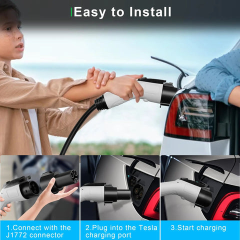 Hella Reliable J1772 To Nacs Charging Adapter showing connection steps for easy use with a Tesla charging port.
