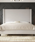 Chill In Style With This Super Comfy Queen Upholstered Bed Frame Featuring A Tall 63 Inch Corduroy Wingback Headboard In Classic Cream Fabric For Ultimate Bedroom Vibes And Solid Nightly Rest - front view with tall headboard and cream bedding.