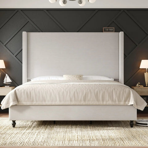 Chill In Style With This Super Comfy Queen Upholstered Bed Frame Featuring A Tall 63 Inch Corduroy Wingback Headboard In Classic Cream Fabric For Ultimate Bedroom Vibes And Solid Nightly Rest - front view with tall headboard and cream bedding.