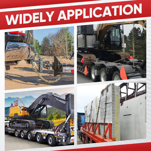 Heavy Duty Chain And Binder Set For Flatbed Tie Downs Three Eighths Inch By Ten Feet Chains With Two Ratchet Binders 9,200 Lbs WLL And 33,000 Lbs Break Strength Ideal For Trucks in various applications shown with construction and heavy equipment.