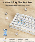 Wireless Typewriter Style Mechanical Keyboard With Clicky Blue Switches And Crisp White Backlighting close-up of tactile switches on wooden surface.