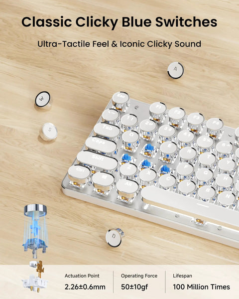 Wireless Typewriter Style Mechanical Keyboard With Clicky Blue Switches And Crisp White Backlighting close-up of tactile switches on wooden surface.