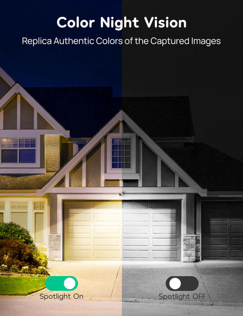 Image showing house with Outdoor Security Camera With 2K 4MP HD Video, Color Night Vision feature, spotlight on and off effects.