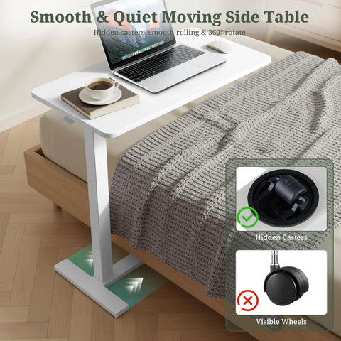 Portable Sit Stand Desk With One Press Pneumatic Lift Hidden Casters Rolling Laptop Table On Wheels beside bed with laptop