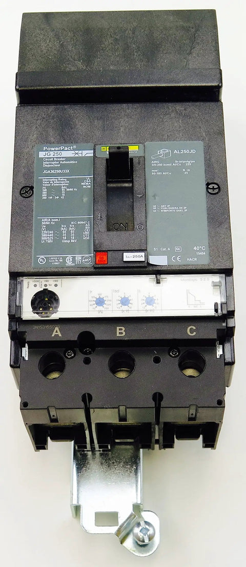 Pro Grade 250 Amp 3 Pole Circuit Breaker JGA36250U31X heavy duty panel part for electrical load centers, detailed front view.