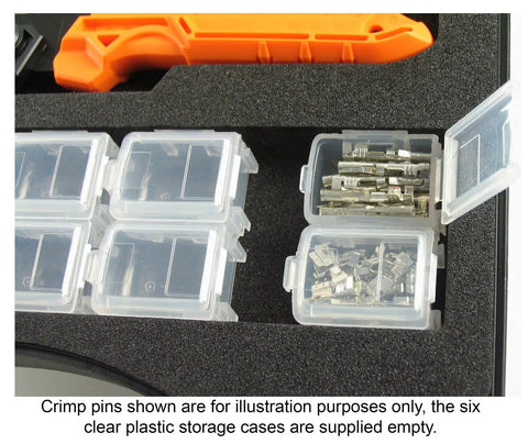 Handy Crimp Tool Kit With 3 Interchangeable Dies Versatile Universal Crimping Set in orange case with storage boxes