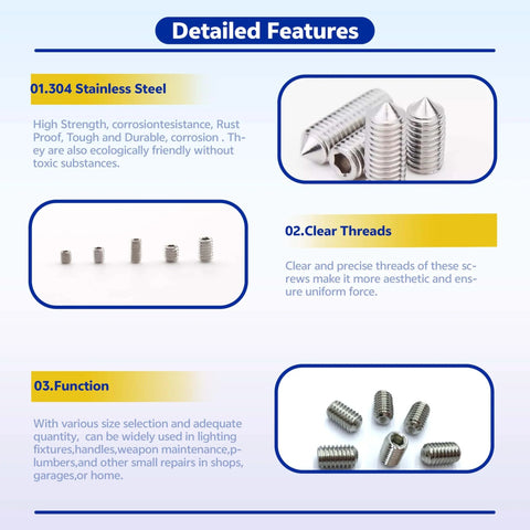 Three close-up views of the 200 Piece Stainless Steel Set Screw Kit With Hex Allen Head Grub Screws for Door Handles Bathroom Fixtures and Lighting Pro Grade 304 Stainless Rust Resistant M3 M4 M5 M6 M8.
