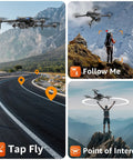 4K Drone With Real Time 4K Camera And Built In 4.5 Inch FPV Screen Controller showcasing follow me, tap fly, point of interest modes