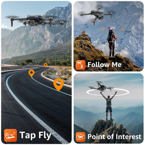 4K Drone With Real Time 4K Camera And Built In 4.5 Inch FPV Screen Controller showcasing follow me, tap fly, point of interest modes