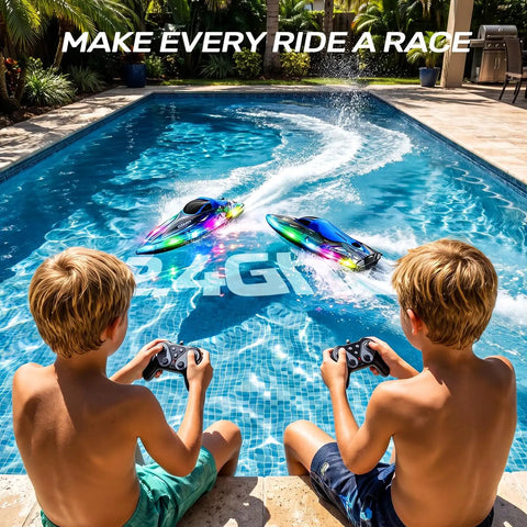 Two kids controlling a Remote Control Boat With LED Lights For Kids And Adults in a pool, showcasing 2.4GHz speed and waterproof design.