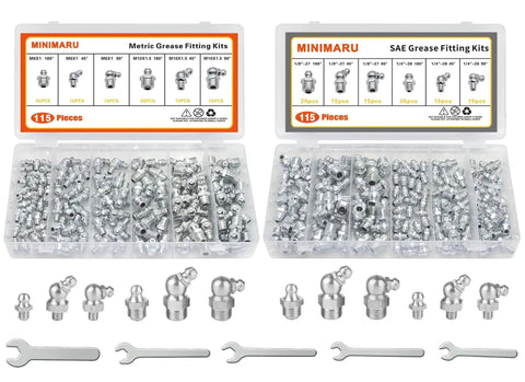 All In One 235 Piece SAE And Metric Grease Fittings Kit With Quarter Inch And Eighth Inch Sizes, open cases, fittings, wrenches