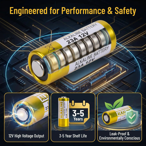 Top Tier 23A 12 Volt Alkaline Battery 5 Pack Heavy Duty Power For Remotes Garage Openers And Key Fobs with high voltage output.